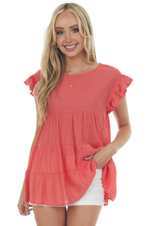 Coral Babydoll Tiered Ruffle Sleeve Blouse