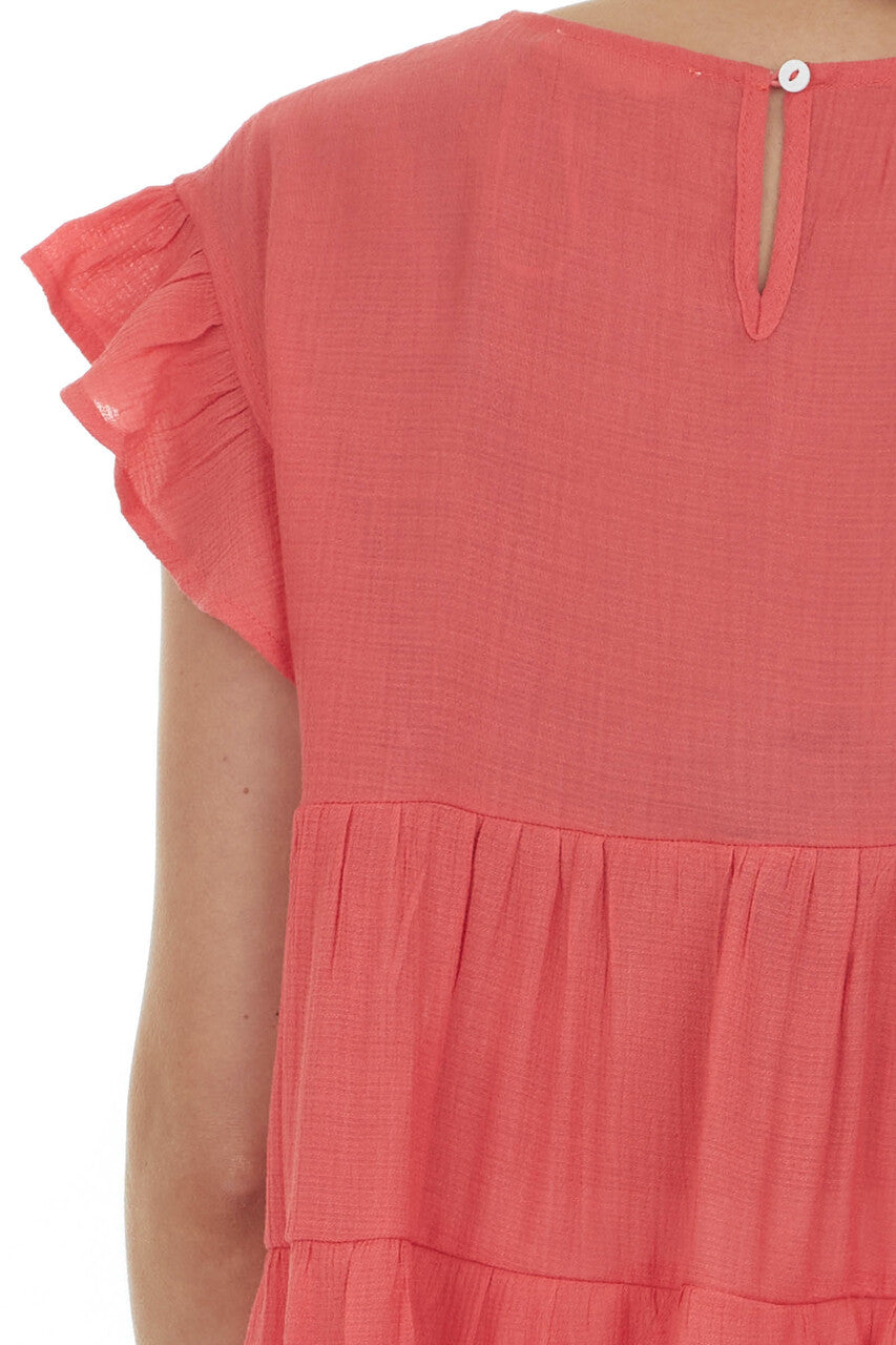 Coral Babydoll Tiered Ruffle Sleeve Blouse
