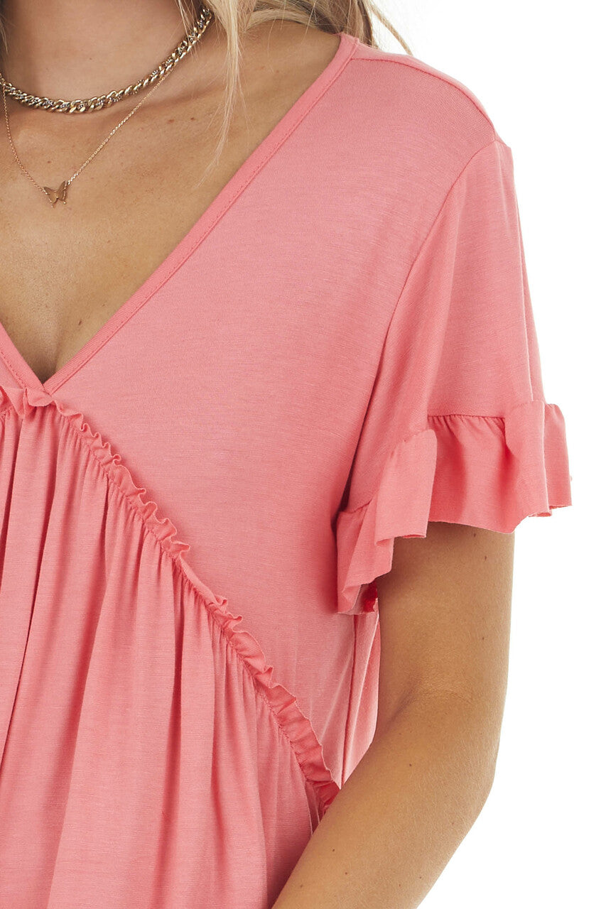 Coral Babydoll V Neck Knit Top with Short Sleeves 