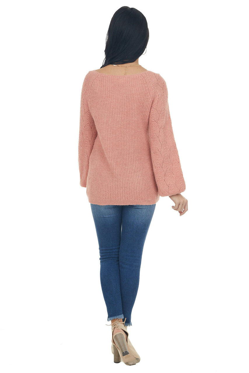 Coral Bishop Sleeve Fuzzy Pointelle Sweater
