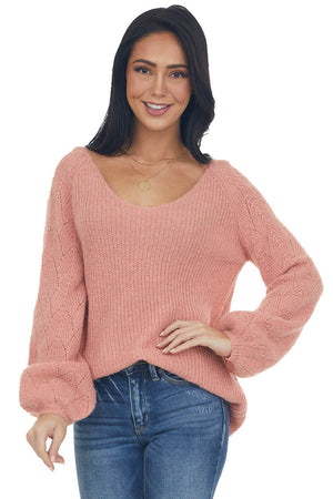 Coral Bishop Sleeve Fuzzy Pointelle Sweater