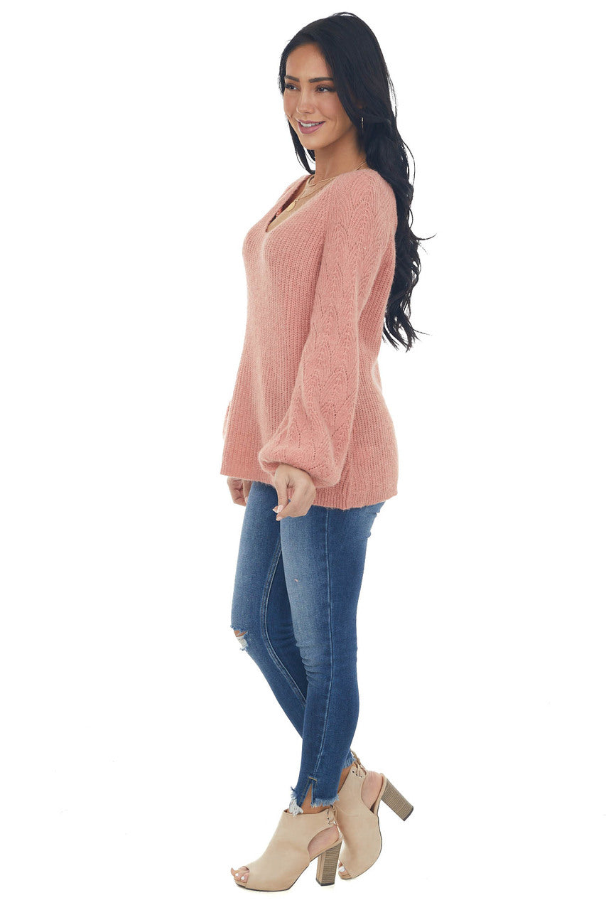 Coral Bishop Sleeve Fuzzy Pointelle Sweater