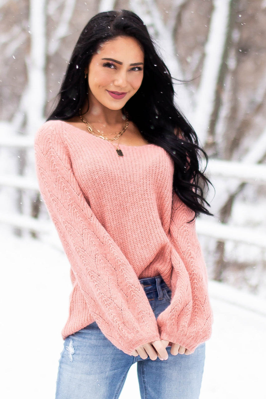 Coral Bishop Sleeve Fuzzy Pointelle Sweater