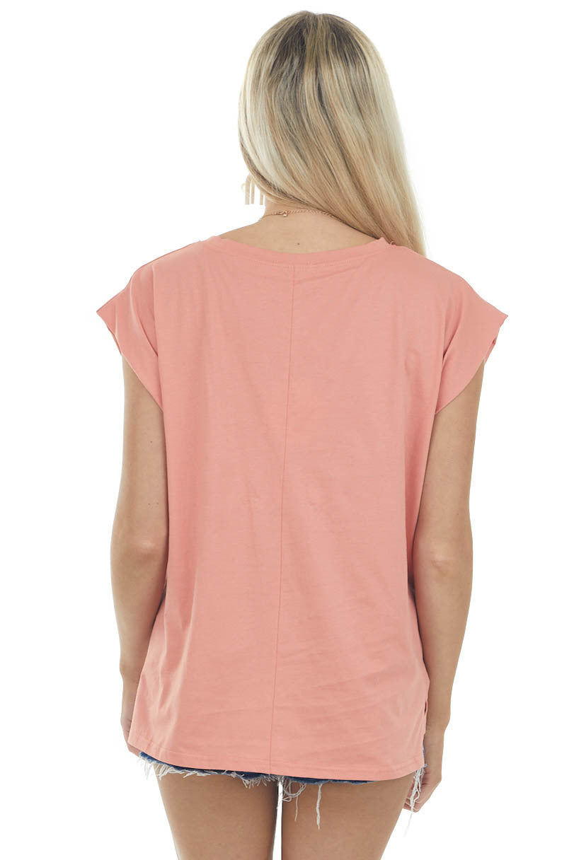 Coral Crew Neck Stretchy Knit Muscle Tee