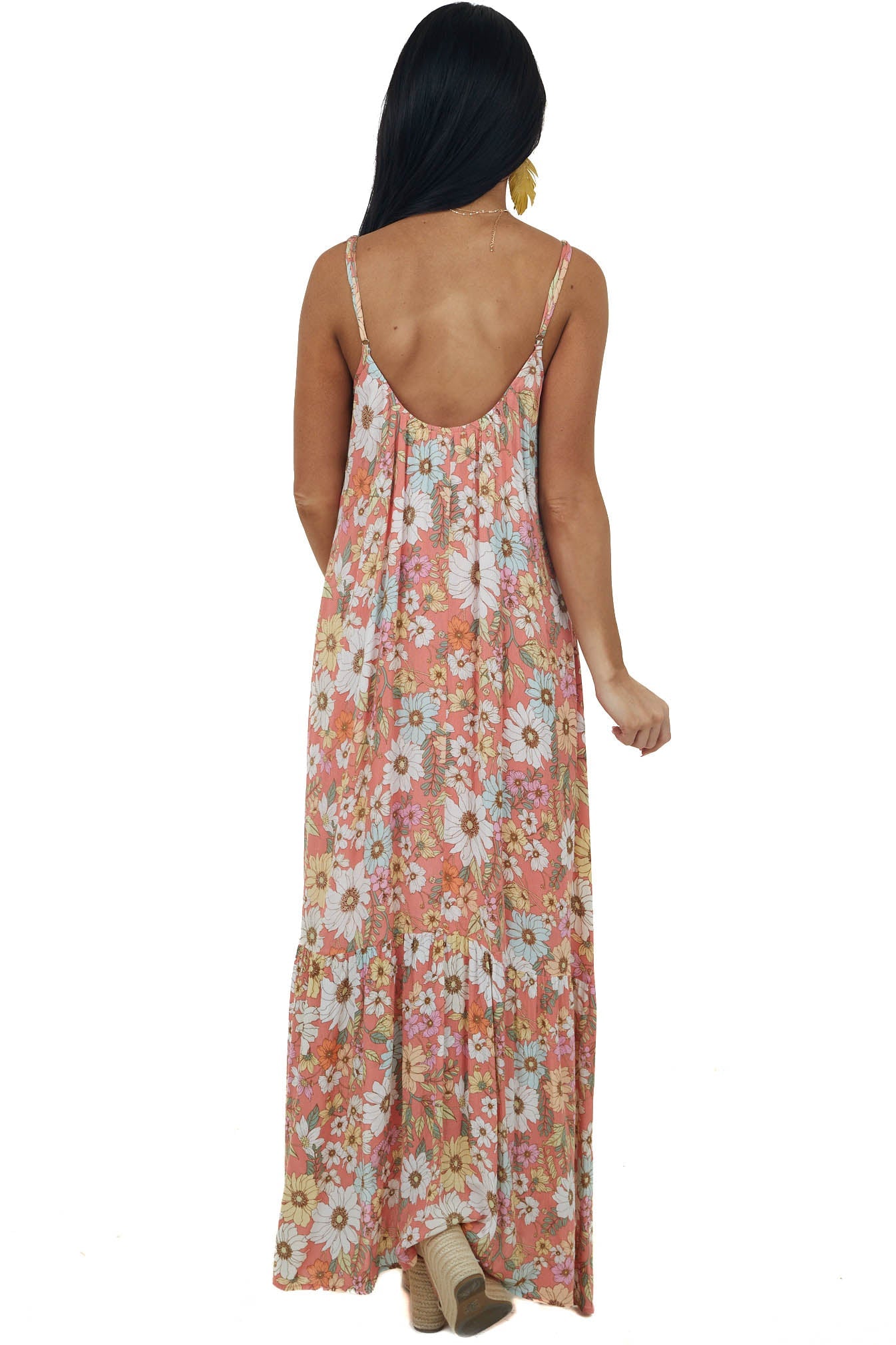 Coral Floral Sleeveless Open Back Maxi Dress