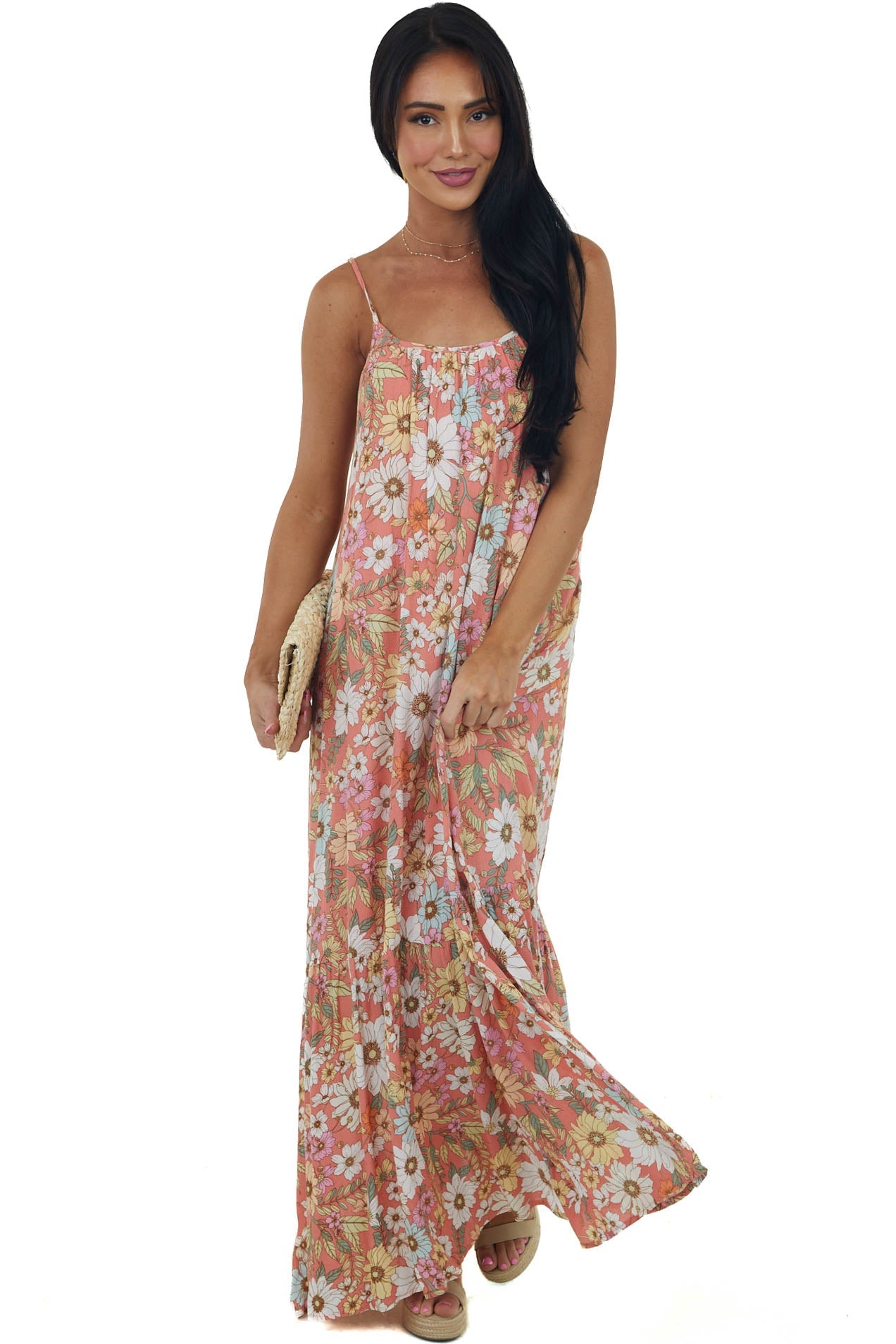 Coral Floral Sleeveless Open Back Maxi Dress