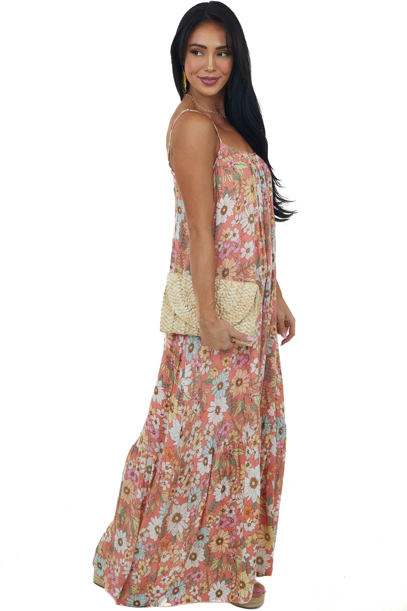 Coral Floral Sleeveless Open Back Maxi Dress