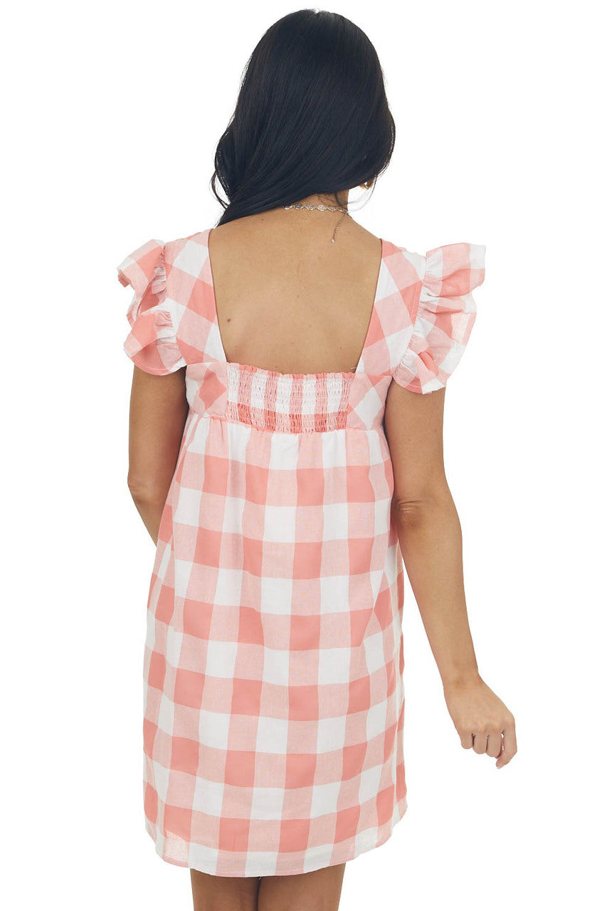 Coral Gingham Square Neck A Line Woven Dress
