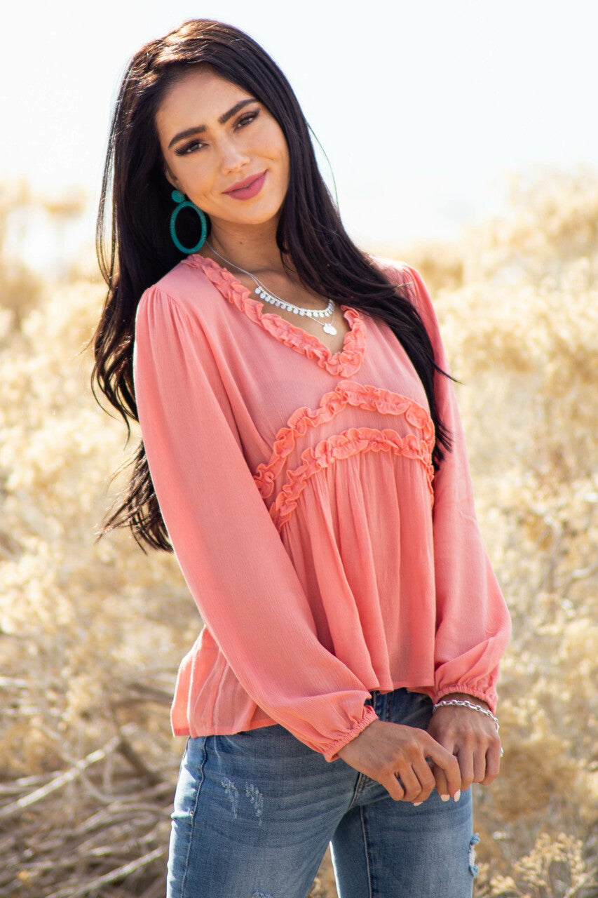 Coral Long Puff Sleeve Babydoll Top with Ruffle Detail 