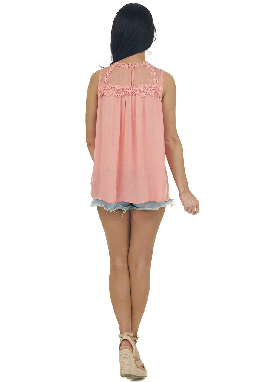 Coral Mesh Yoke Crochet Lace Crinkle Blouse