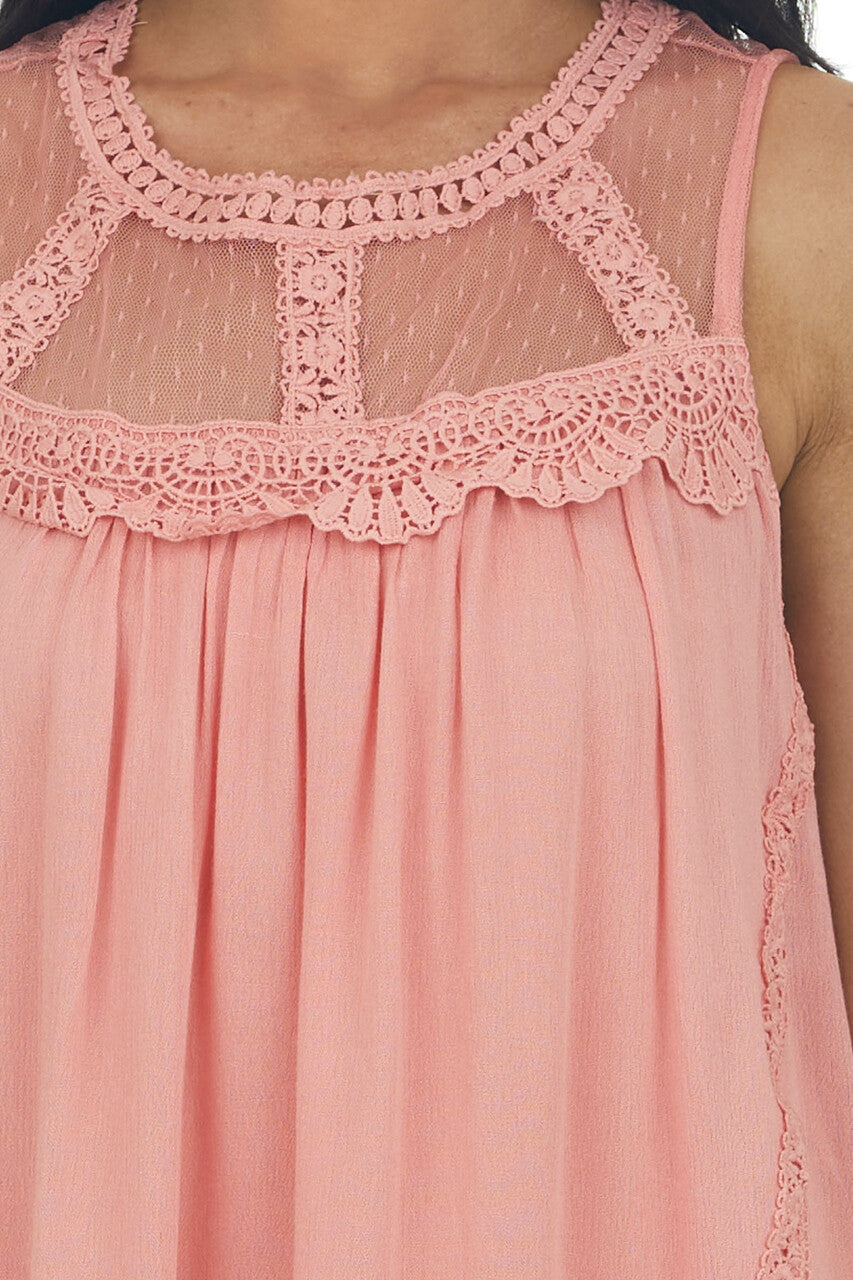 Coral Mesh Yoke Crochet Lace Crinkle Blouse