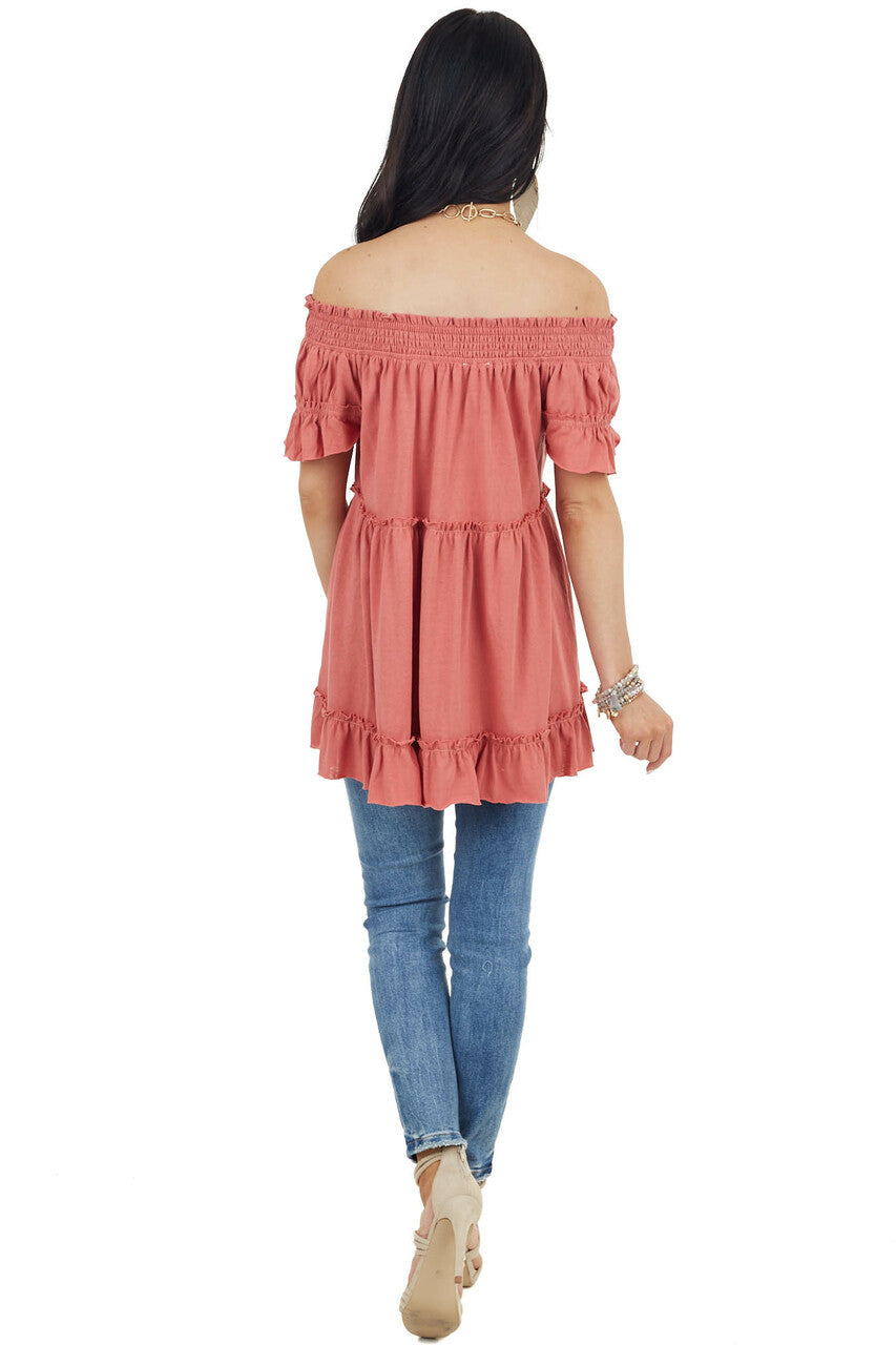 Coral Off Shoulder Tiered Tunic Top with Short Sleeves