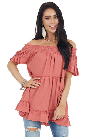 Coral Off Shoulder Tiered Tunic Top with Short Sleeves