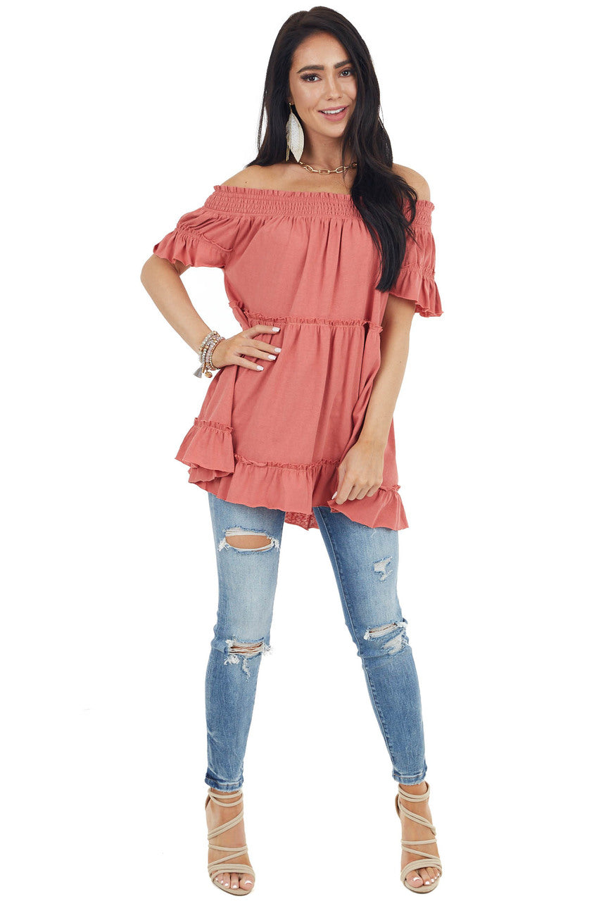 Coral Off Shoulder Tiered Tunic Top with Short Sleeves