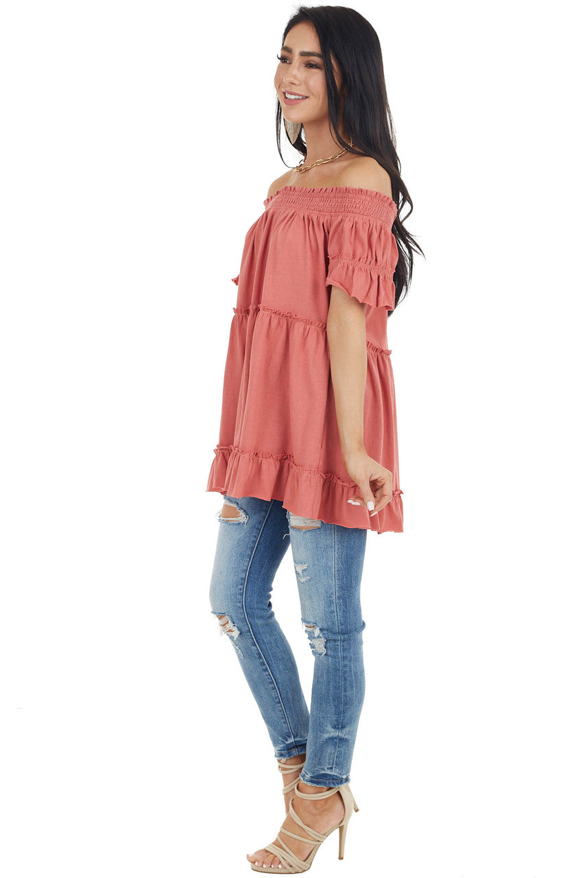 Coral Off Shoulder Tiered Tunic Top with Short Sleeves