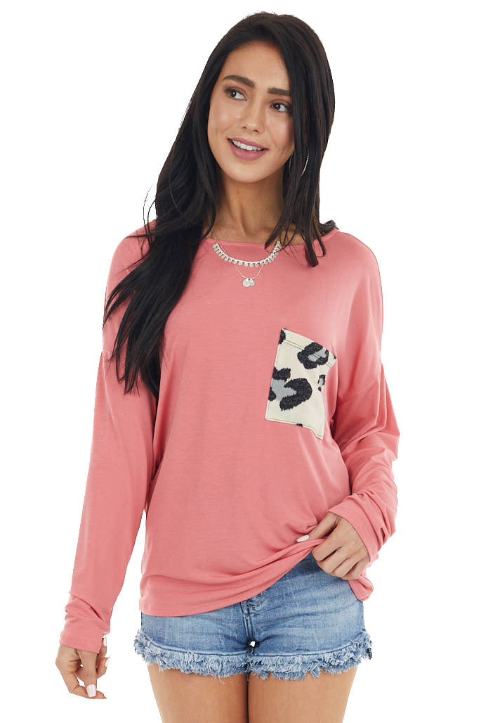 Coral Open Back Knit Top with Leopard Print Front Pocket 