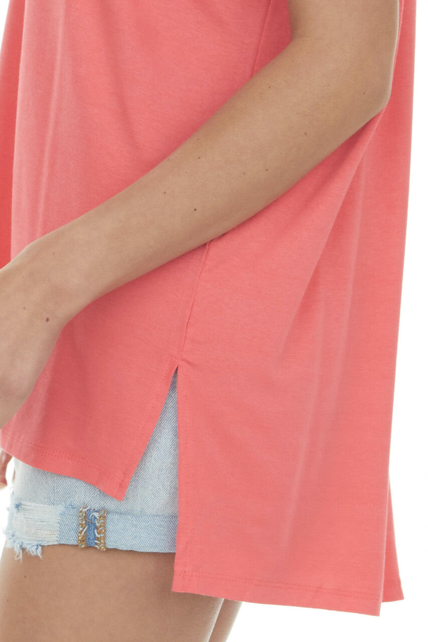 Coral Oversized V Neck Short Sleeve Top