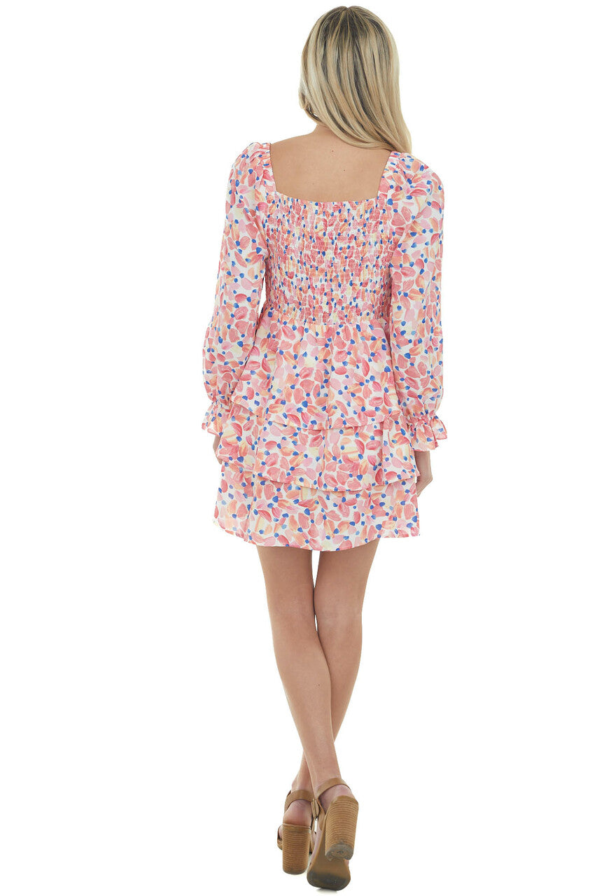 Coral Printed Smocked Tiered Ruffle Dress 