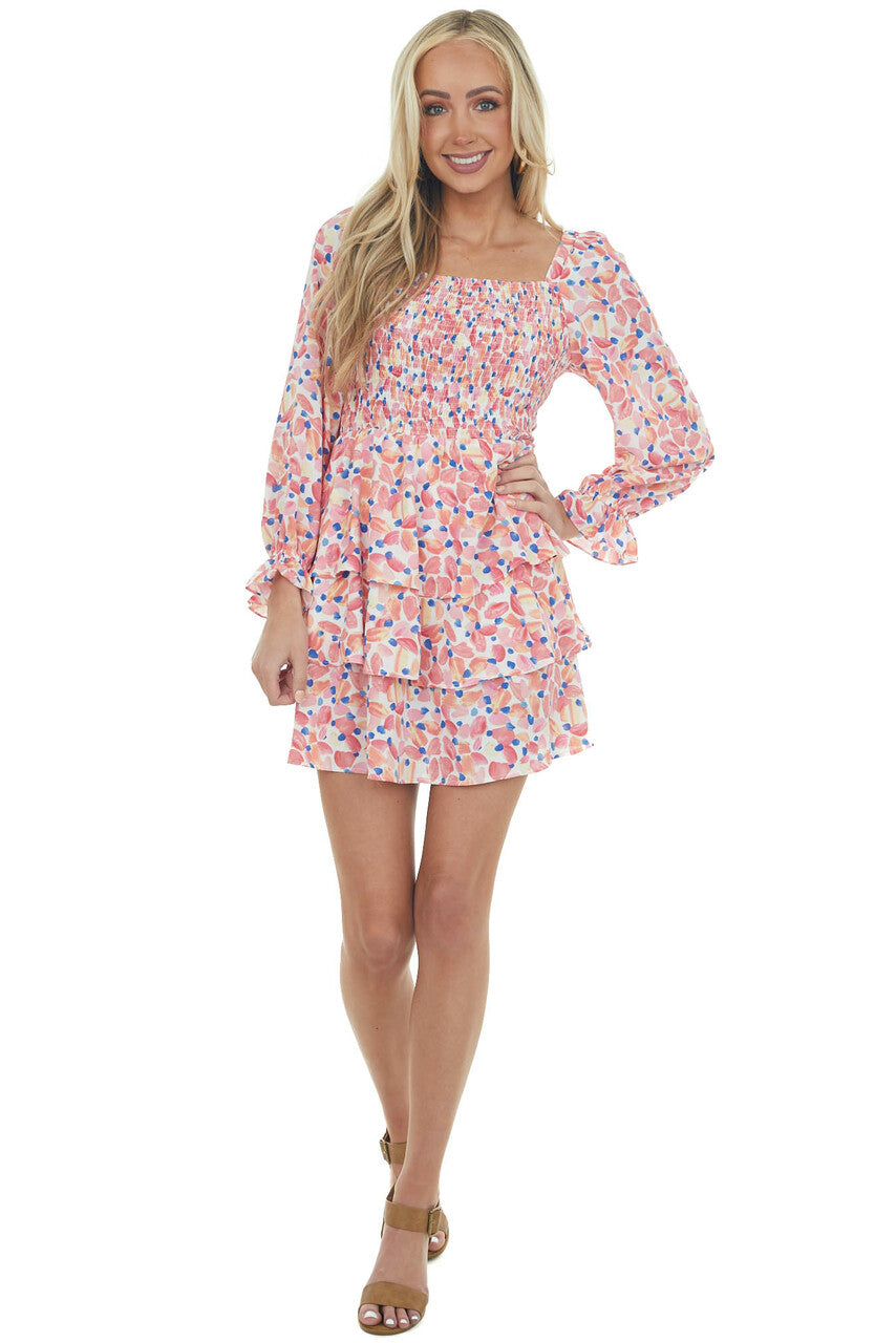 Coral Printed Smocked Tiered Ruffle Dress 