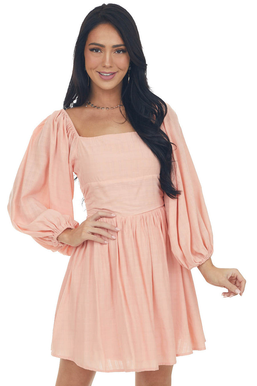 Coral Puff Sleeve Open Back Linen Short Dress