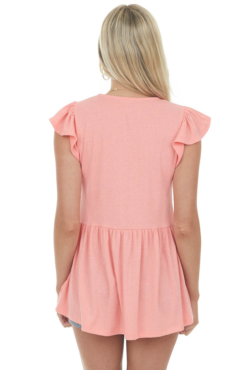 Coral Ruffle Cap Sleeve Babydoll Ribbed Top 