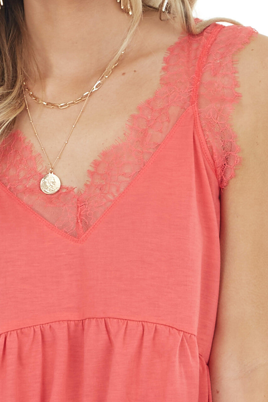 Coral Sleeveless Drop Waist Top with Eyelash Lace Straps
