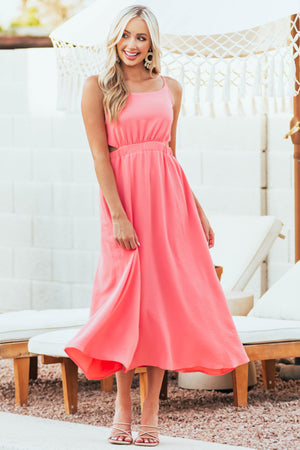 Coral Sleeveless Side Cutout Maxi Dress with Tie