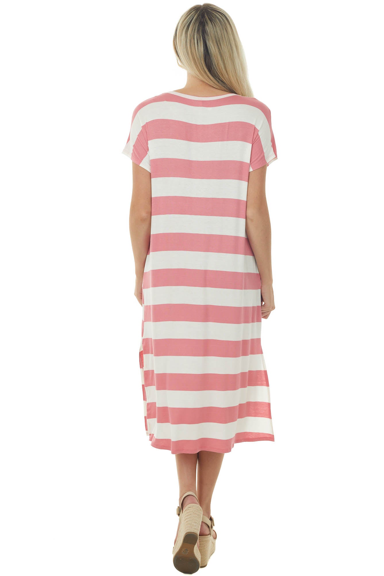 Coral Striped Side Slit Knit Dress with Pockets