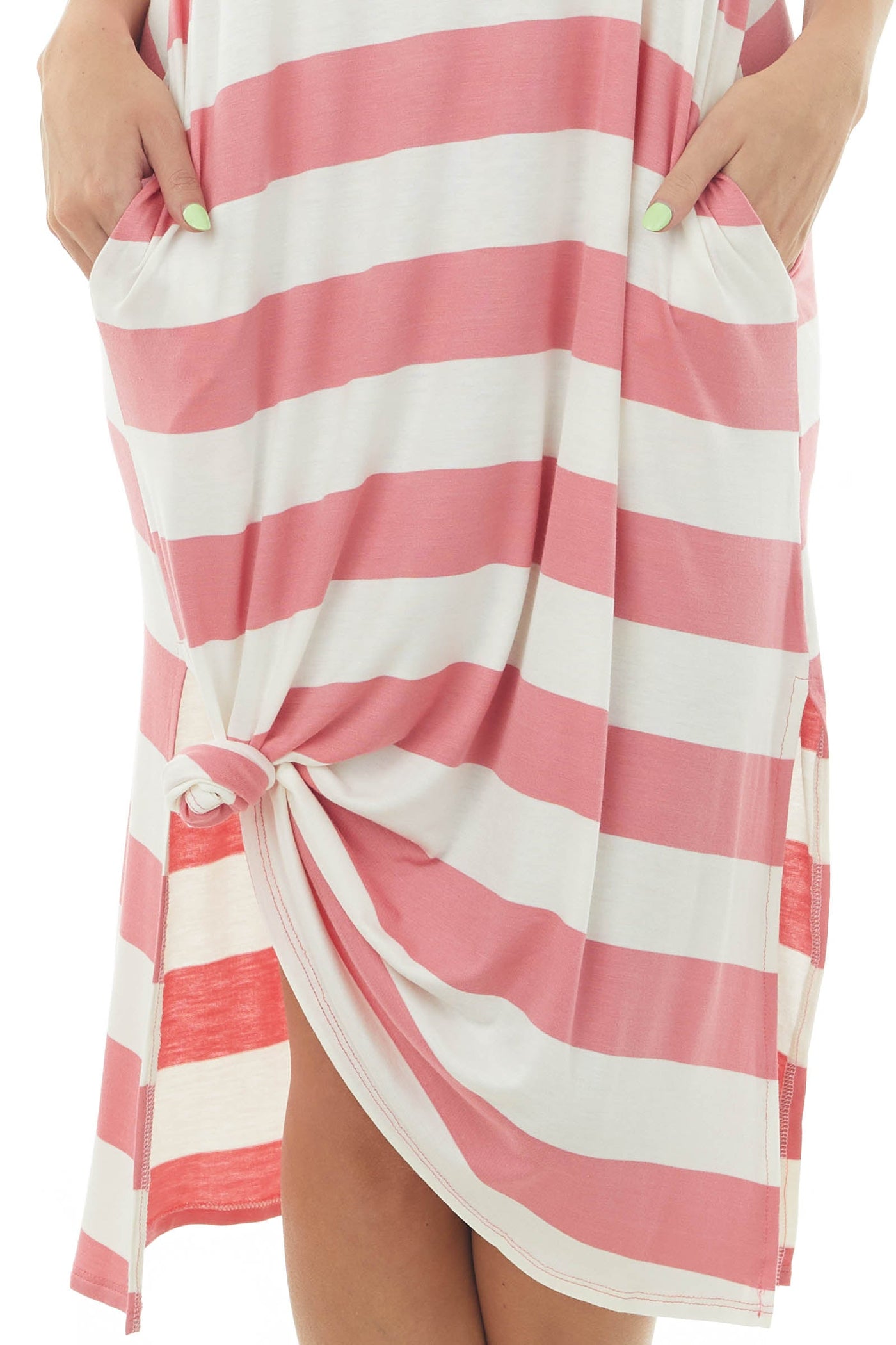 Coral Striped Side Slit Knit Dress with Pockets