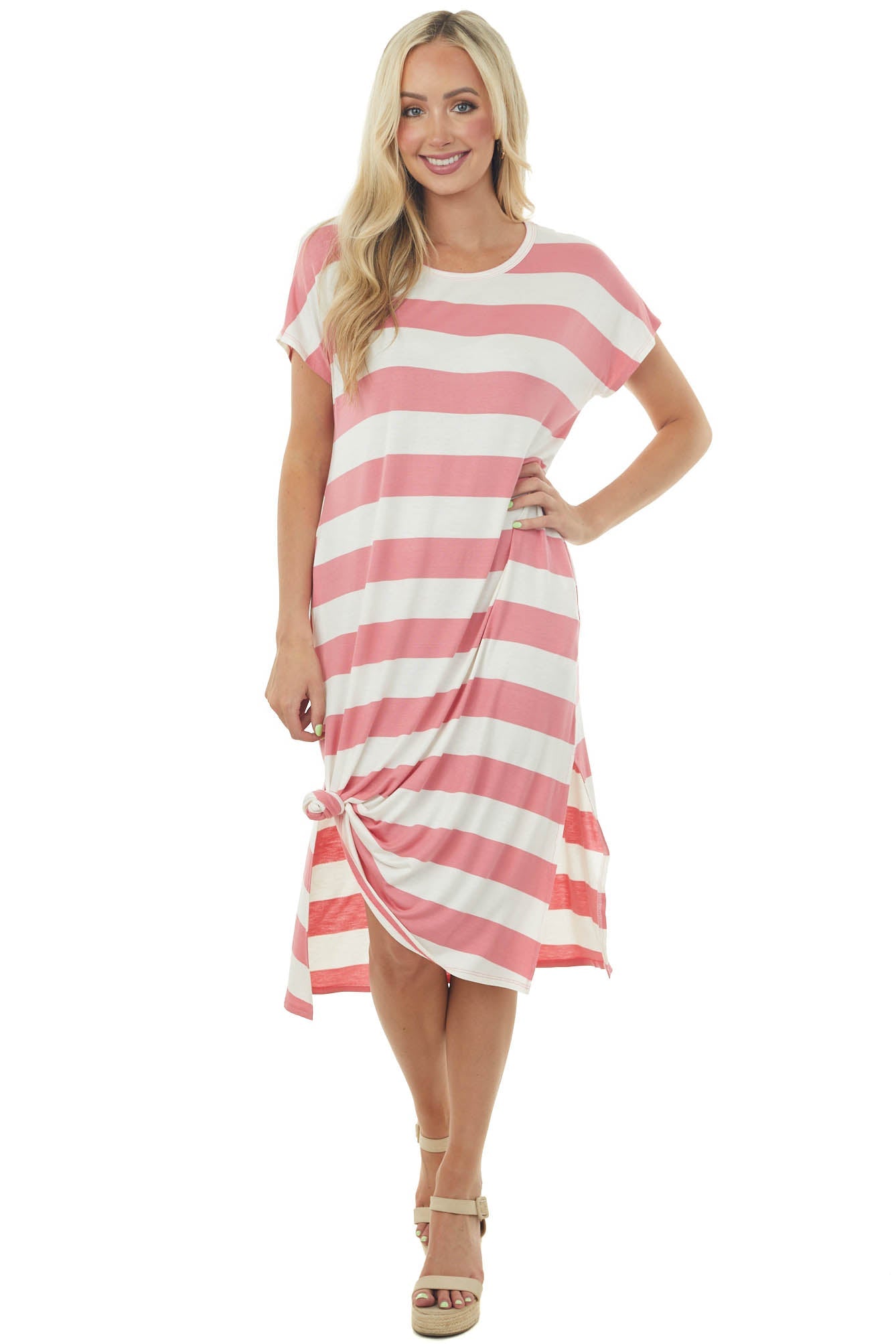 Coral Striped Side Slit Knit Dress with Pockets