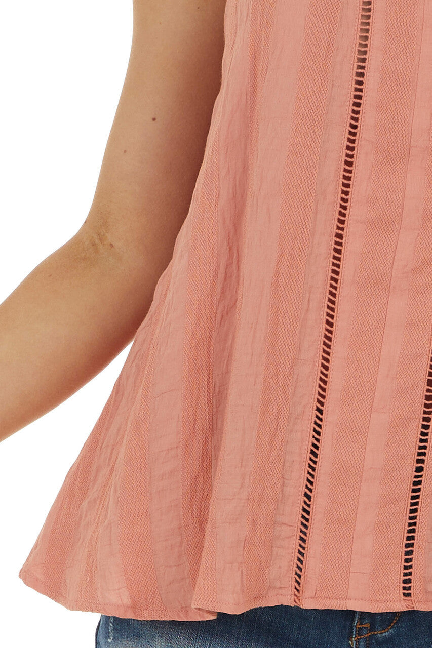 Coral Striped Textured Sleeveless Top with Peekaboo Detail 