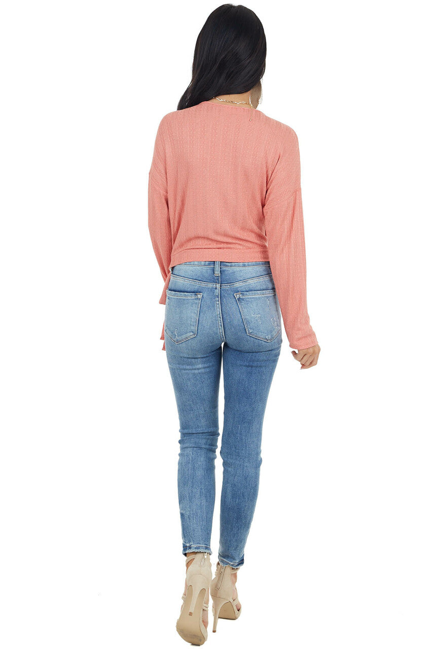 Coral Textured Knit Wrapped Long Sleeve Top with Tie Closure
