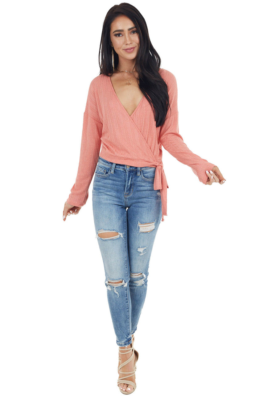 Coral Textured Knit Wrapped Long Sleeve Top with Tie Closure