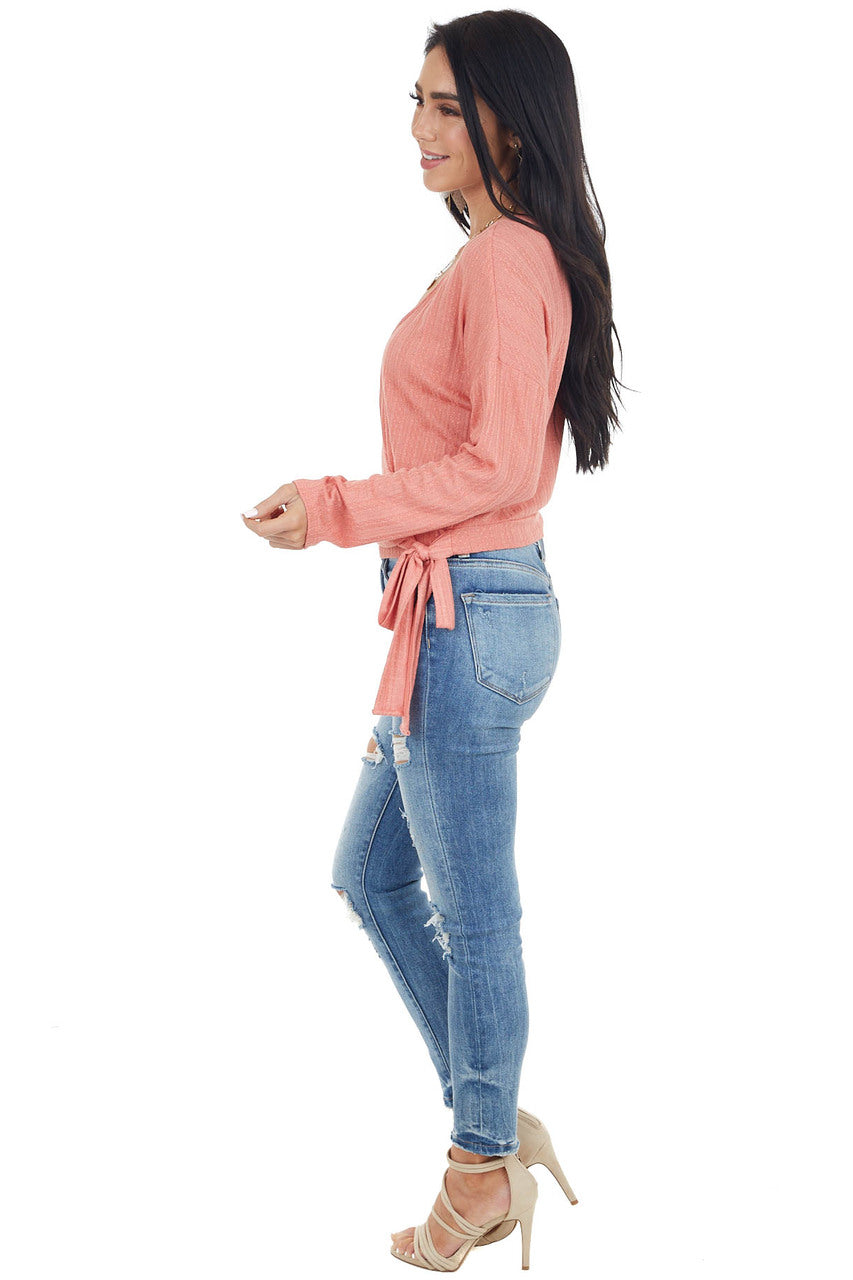 Coral Textured Knit Wrapped Long Sleeve Top with Tie Closure