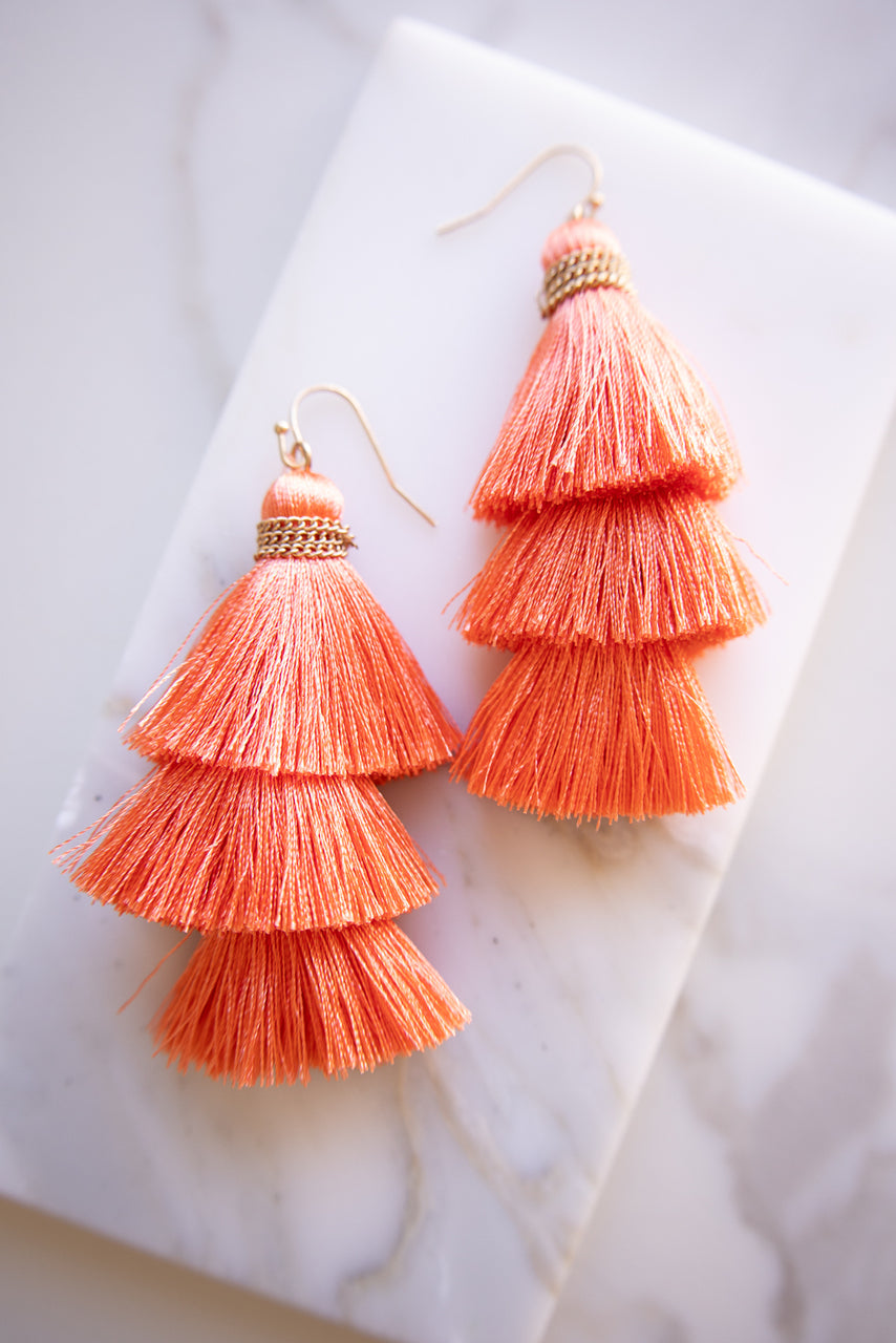 Coral Three Tier Tassel Dangle Hook Earrings