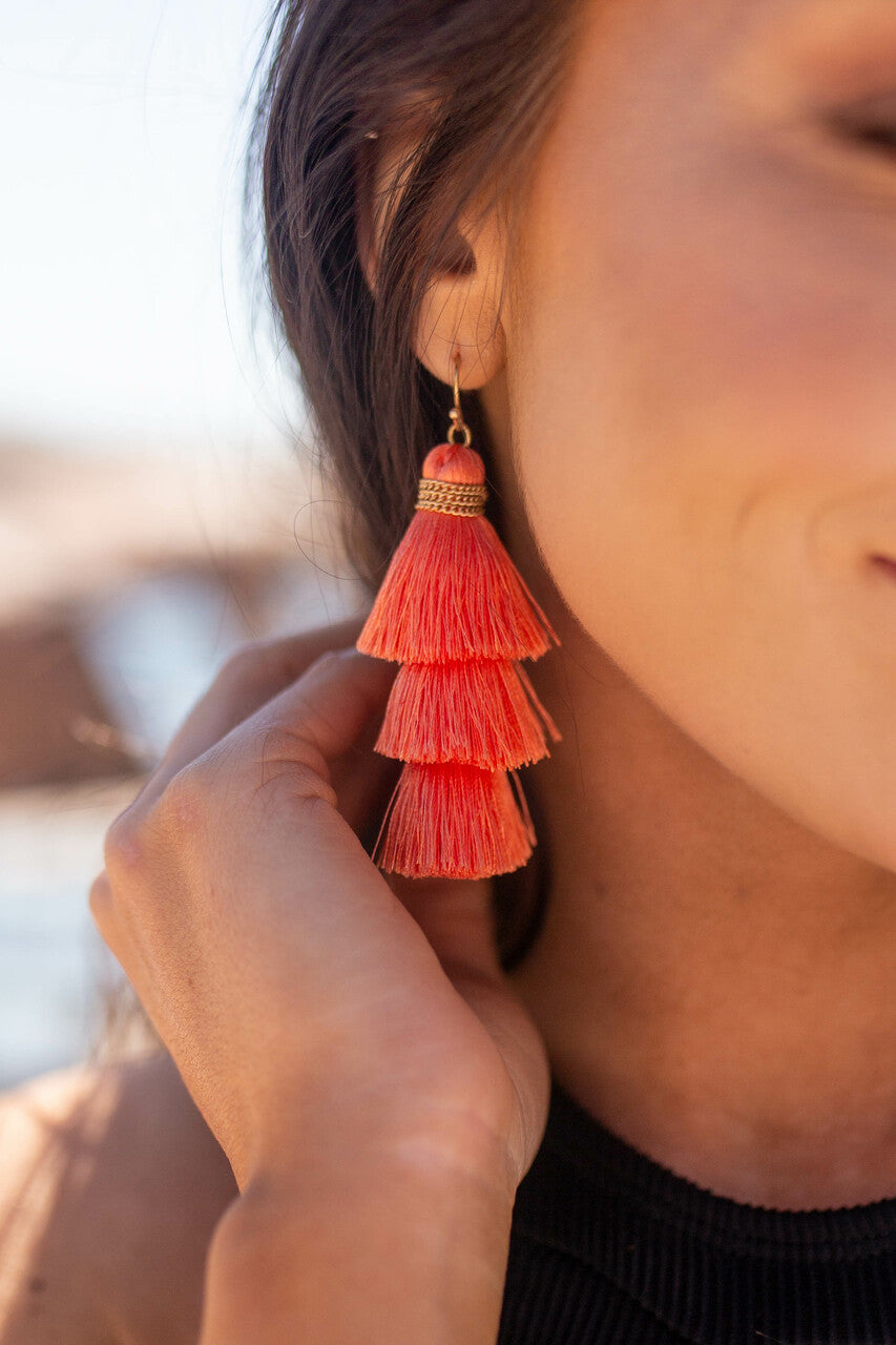 Coral Three Tier Tassel Dangle Hook Earrings