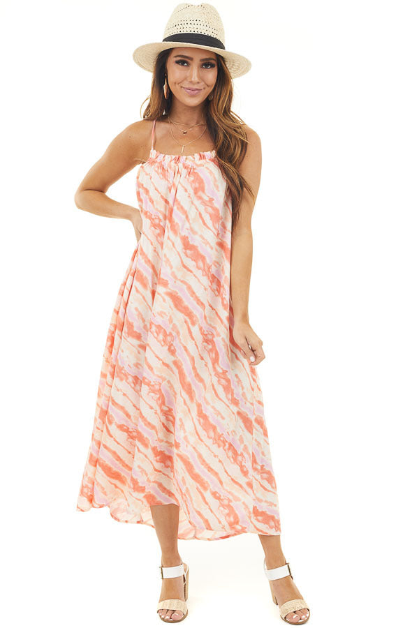 Coral Tie Dye Print Sleeveless Midi Dress with Ruffle Detail 