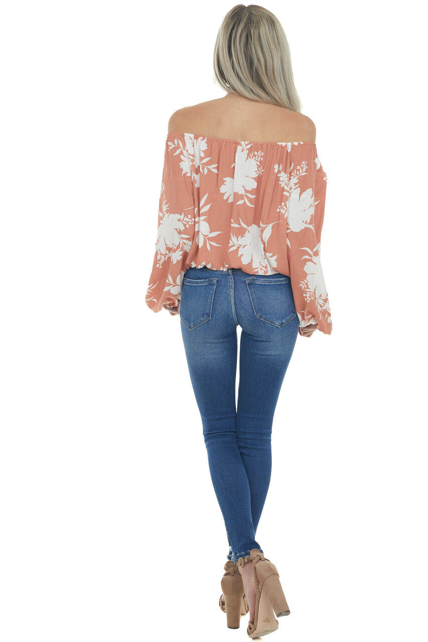 Coral Tropical Floral Print Off Shoulder Top