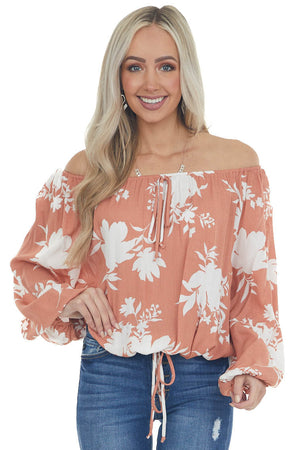 Coral Tropical Floral Print Off Shoulder Top
