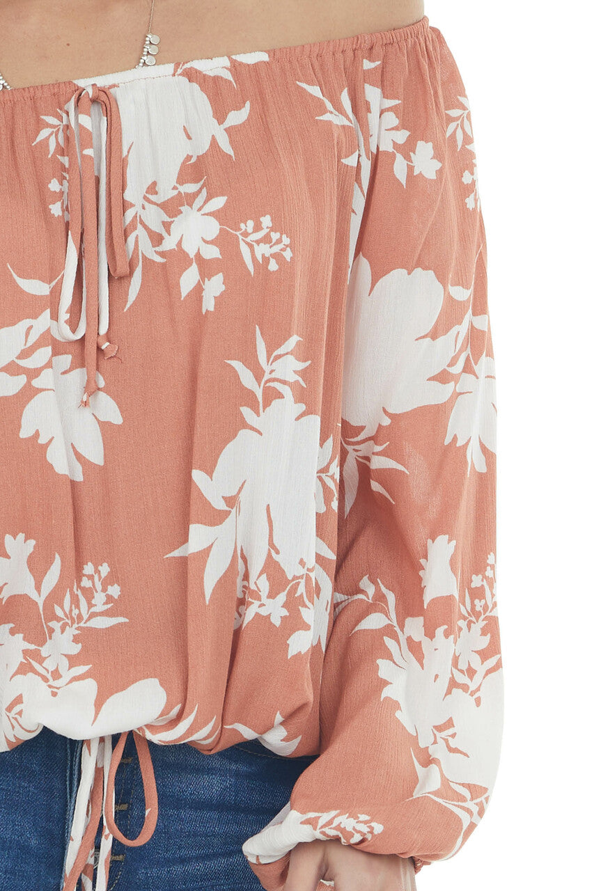 Coral Tropical Floral Print Off Shoulder Top