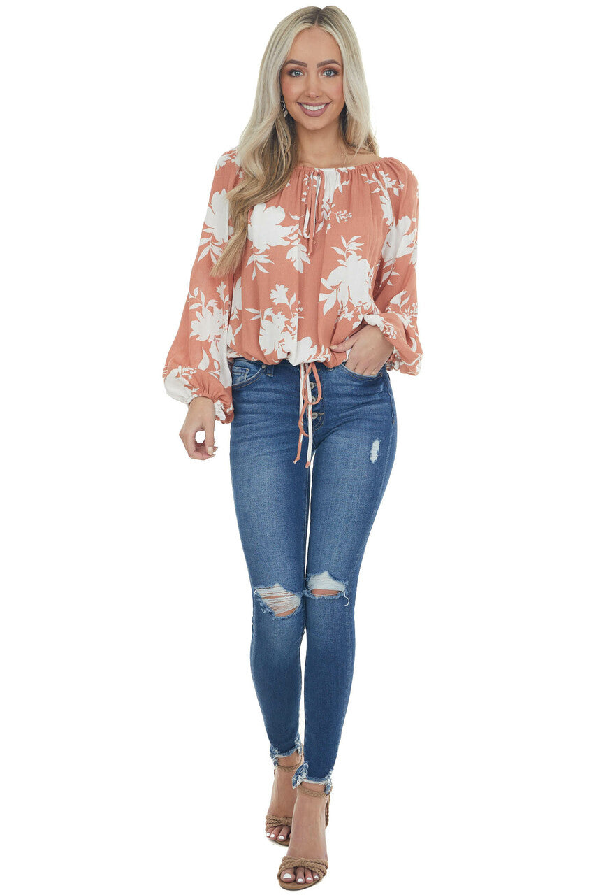 Coral Tropical Floral Print Off Shoulder Top