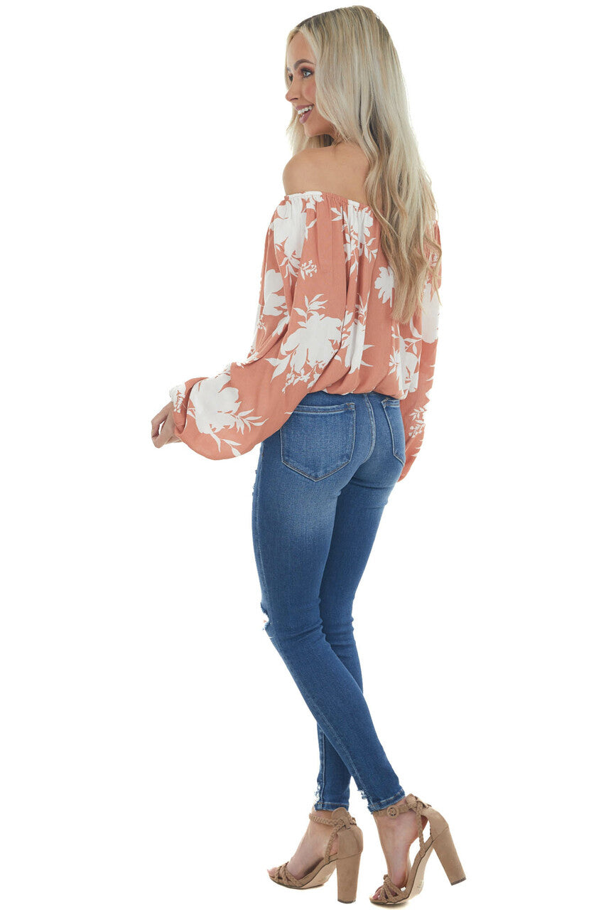 Coral Tropical Floral Print Off Shoulder Top