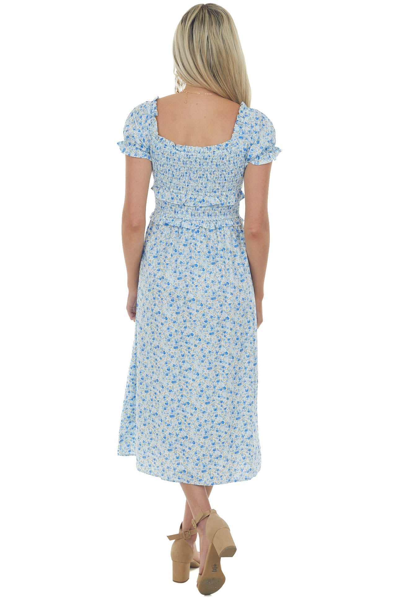 Cornflower Blue Floral Off Shoulder Midi Dress