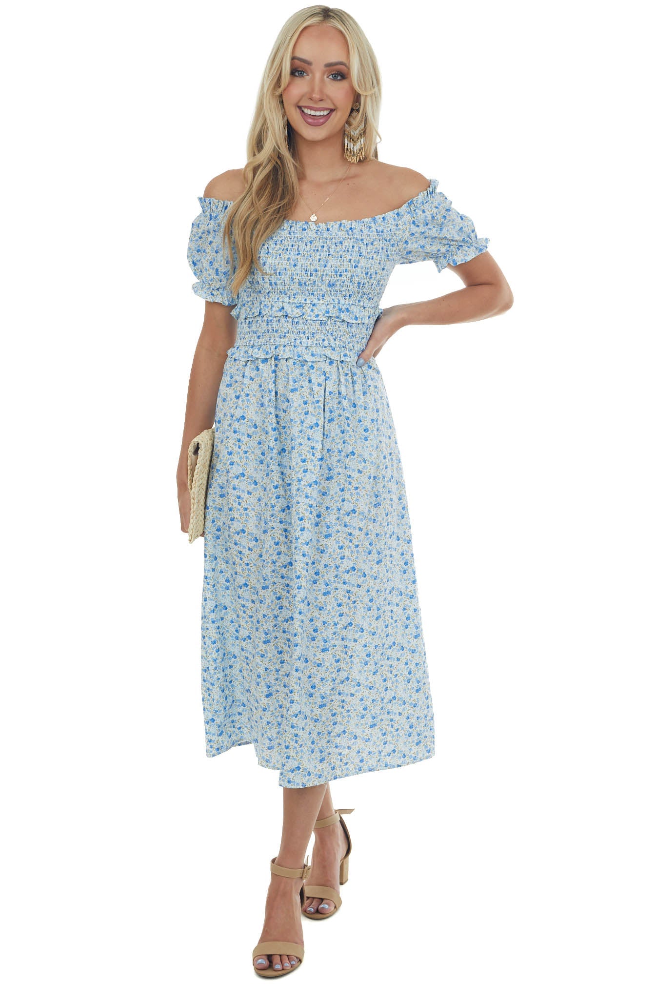 Cornflower Blue Floral Off Shoulder Midi Dress