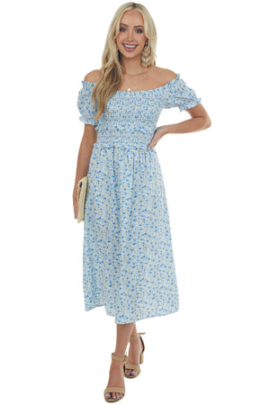 Cornflower Blue Floral Off Shoulder Midi Dress