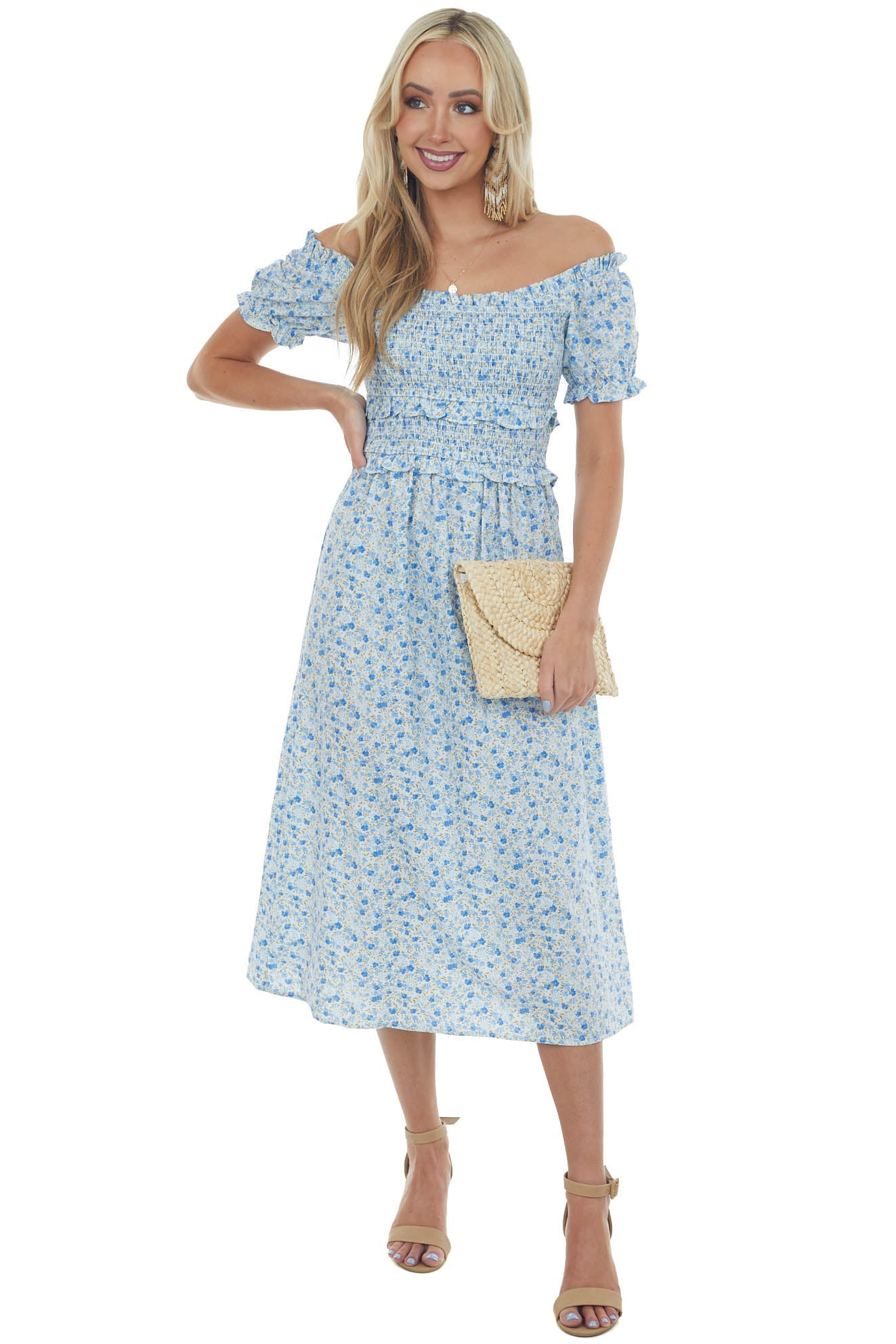 Cornflower Blue Floral Off Shoulder Midi Dress