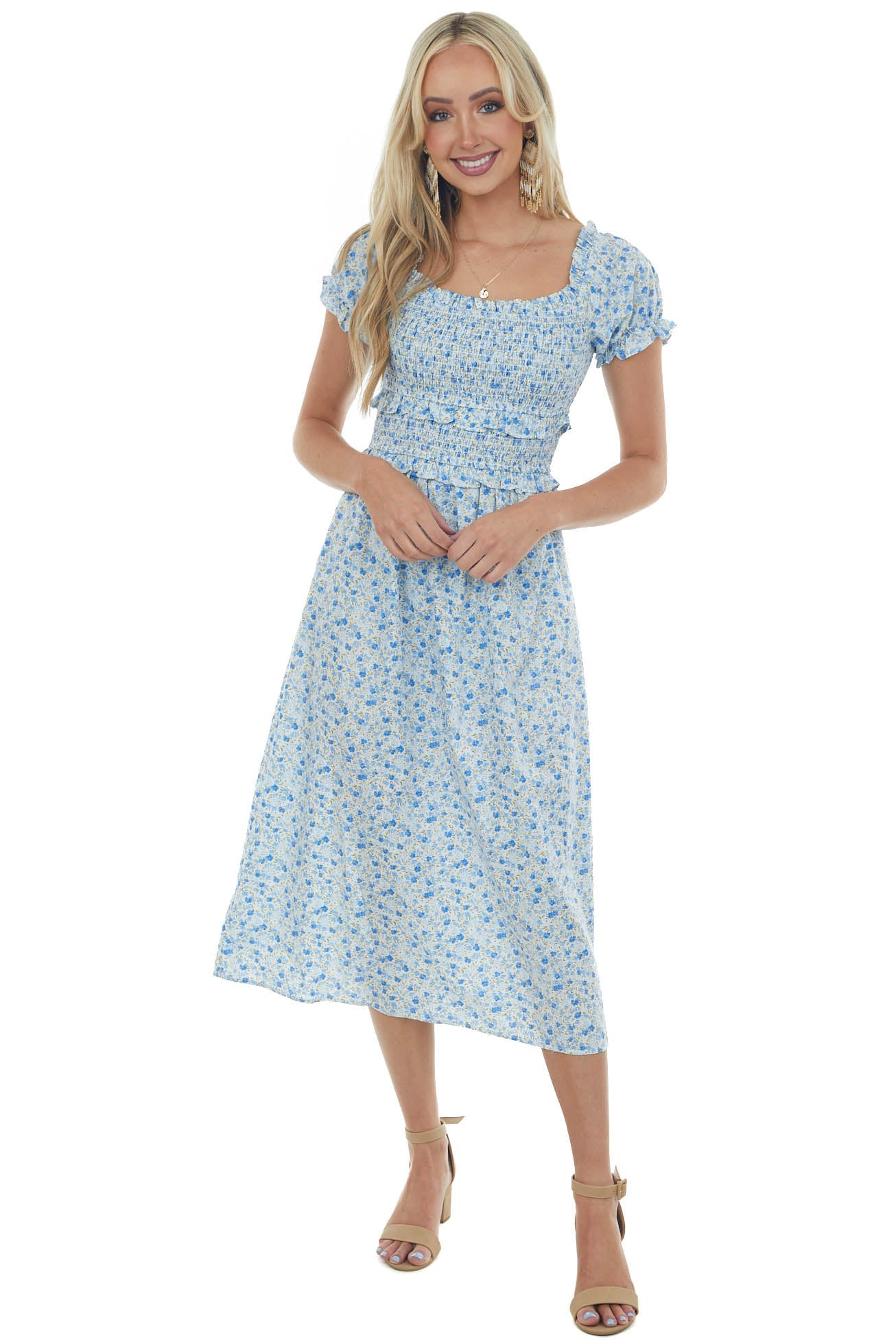 Cornflower Blue Floral Off Shoulder Midi Dress