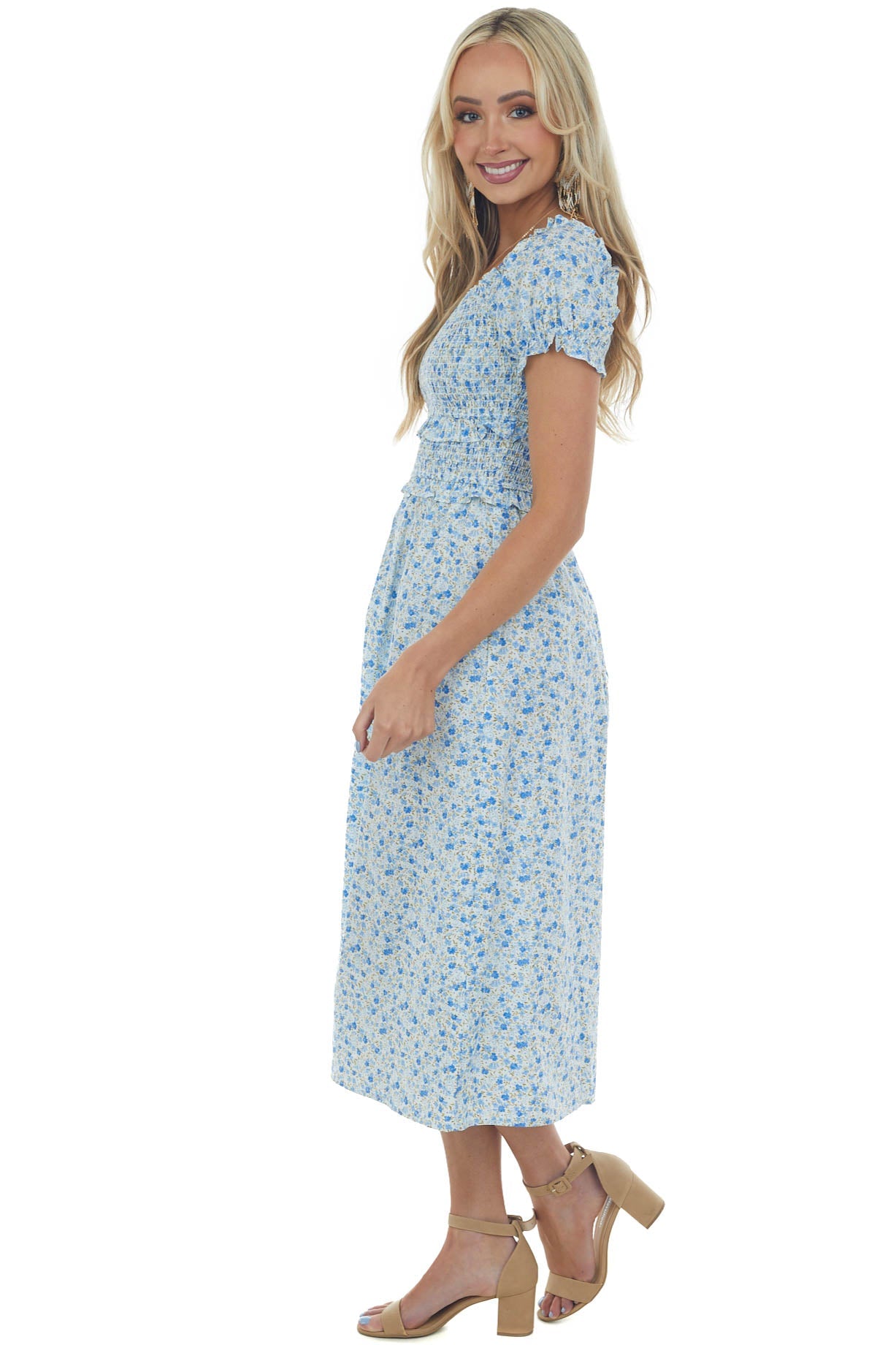 Cornflower Blue Floral Off Shoulder Midi Dress