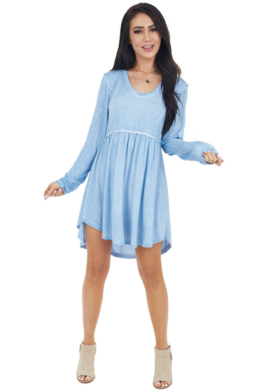 Cornflower Blue Long Sleeve Dress with Raw Seam Details