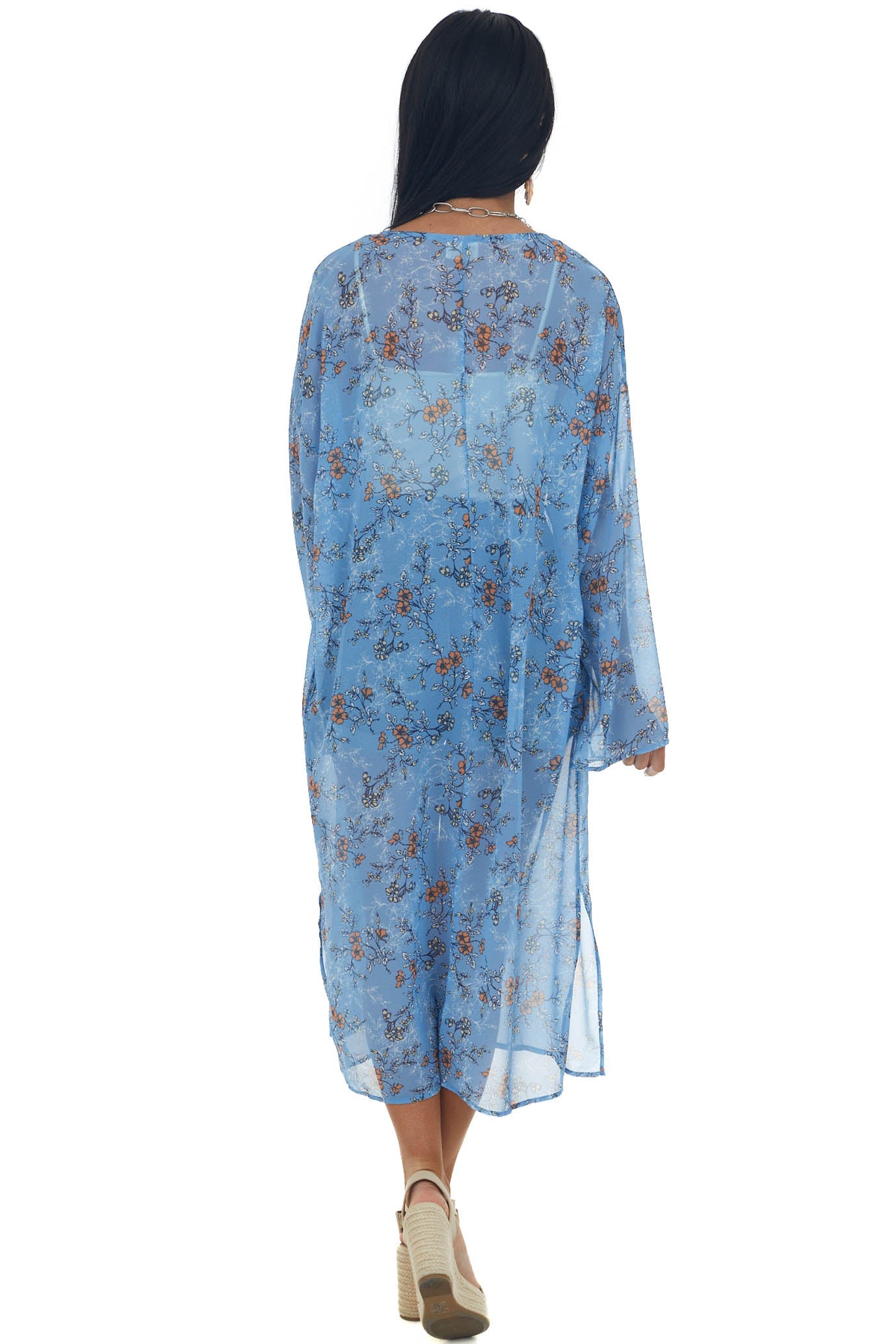 Cornflower Floral Print Long Sleeve Kimono